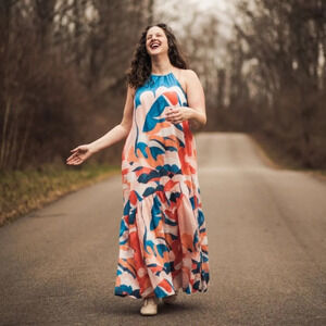 Maeve Anthropologie NWT Flounced Halter Chiffon Blue Pink Maxi Dress S Small
